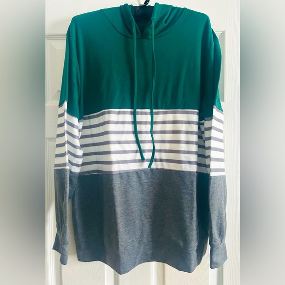 Women’s color block striped lightweight hoodie, green/gray, NWOT, 1XL - Picture 1 of 3